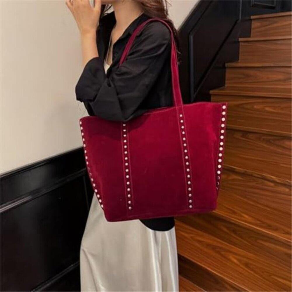 Trendy Tote Bag Faux Suede Shoulder Purse with Studded Design